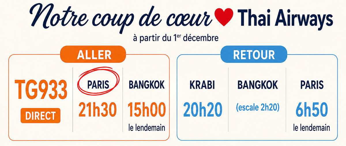 coup de cœur Thai Airways depuis Paris hiver 2026-2027 pour la Thaïlande